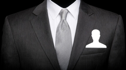 Elegant suit with blank pocket silhouette suggests anonymity and professional identity