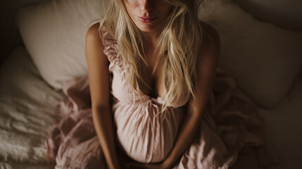 Expecting mother in soft light preparing for motherhood during a tranquil morning at home