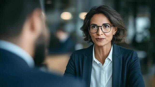 Indian HR officer in professional attire conducting performance review with employee at office desk, positive communication, constructive feedback, modern corporate 