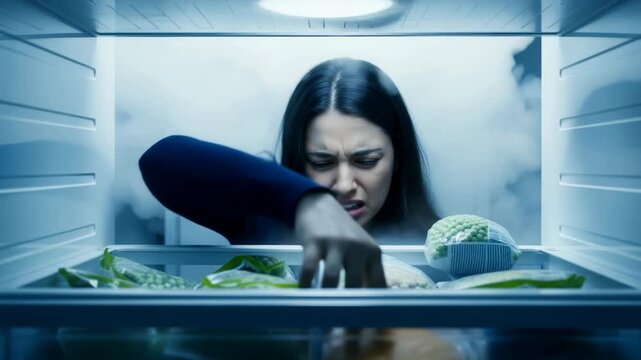 Woman searches for spoiled food with unpleasant odor in refrigerator during late night