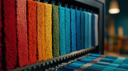 Colorful fabric swatches displayed in a design studio for selection