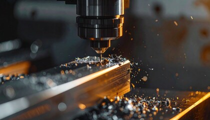 Close-up cinematic view of a machine drill drilling into an aluminum block with metal particles flying, captured with left-to-right panning and dramatic natural lighting, highlighting precision trim
