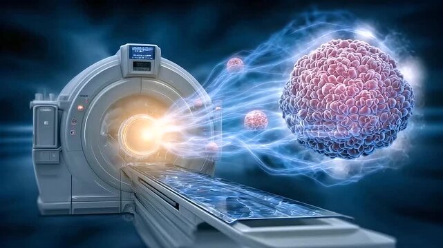 Medical illustration of radiation oncology process with tumor targeting, radiation dose deli