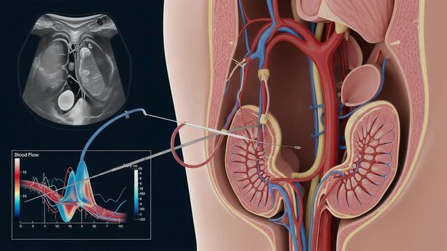 Holographic display illustrates central venous catheter insertion into jugular vein with anatomy and needle trajectory