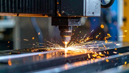 Close-up cinematic view of a laser cutter cutting metal with sparks flying, captured with a static camera and dramatic natural lighting, highlighting precision, industrial craftsmanship and precision