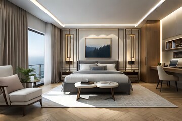 Fototapeta premium Contemporary bedroom sanctuary blending serene ocean views and sophisticated interior design