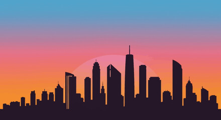 Obraz premium Silhouette of a modern city skyline against a vibrant sunset sky with a gradient of orange, pink, and blue.
