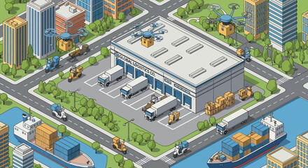 Isometric view of a modern logistics hub in a city, featuring a warehouse, trucks, drones, scooters, and cargo ships for efficient delivery and supply chain operations.