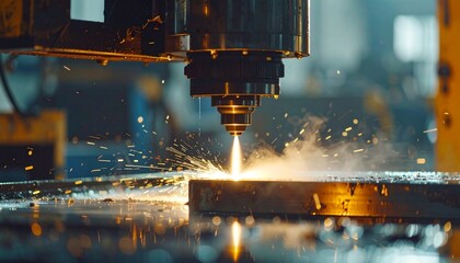 Close-up cinematic view of a torch cutting through an aluminum block in a workshop, capturing sparks and precise metal fabrication under dramatic lighting, highlighting industrial craftsmanship work