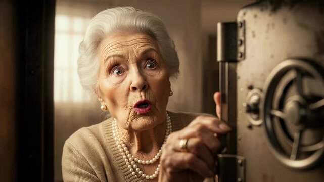 Surprised elderly woman discovers hidden treasures inside an old metal safe
