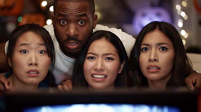 Friends terrified yet gleeful reactions watching a suspenseful slasher film on Halloween night, capturing genuine fear and laughter.