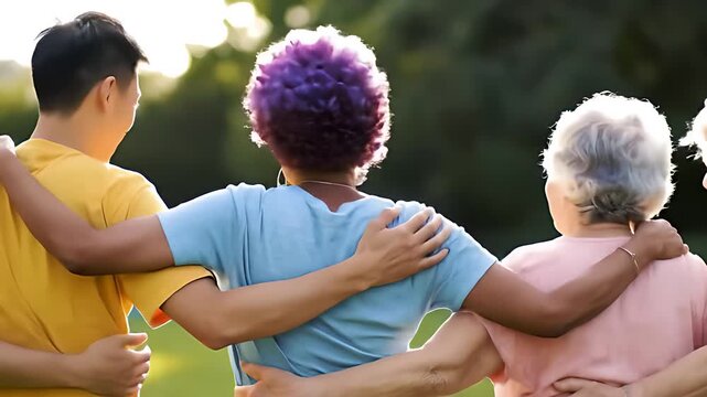 Friends linking arms and swaying in unison to festive music, celebrating togetherness and joy with rhythmic movement.