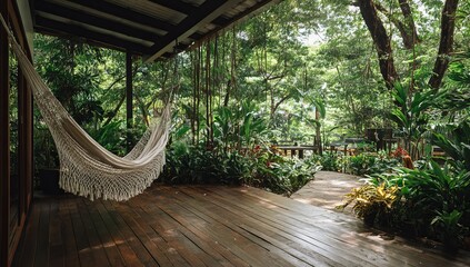 a wooden deck with an empty hammock hanging, surrounded by lush greenery and exotic plants in the background. the scene captures relaxation amidst nature's beauty