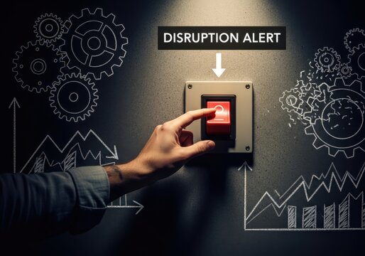 Conceptual image of a hand pressing a red disruption alert button, representing innovation, change, and potential market upheaval