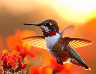 Fototapeta premium Rufous Hummingbird Hovering Near Orange Flowers in Golden Light