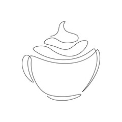Coffee cup one line drawing. Cappuccino with whipped cream print, cafe shop icon, coffee menu concept. Modern vector illustration