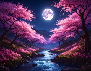 Obraz premium Pink cherry blossoms under a full moon
