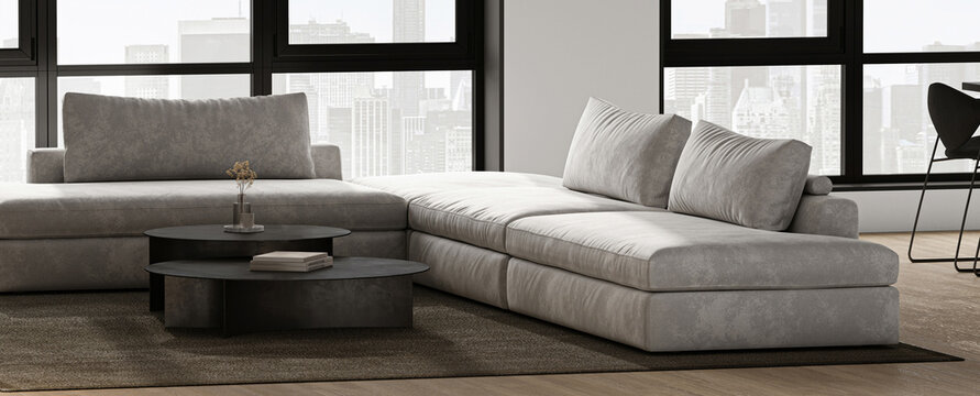A modern gray sectional sofa positioned in a stylish urban living space enhances the decor