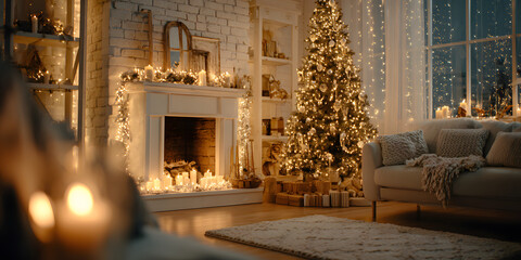 New year tree in scandinavian style interior with christmas decoration and fireplace