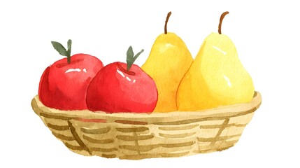 A watercolor illustration of a basket filled with red apples and yellow pears on white background