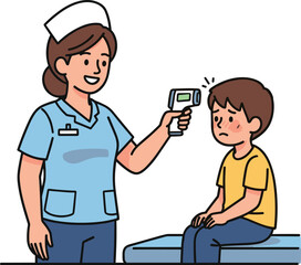 Nurse measuring boy’s temperature with infrared thermometer, pediatric healthcare, medical checkup, child patient, hospital visit, nurse caring, health monitoring, wellness care