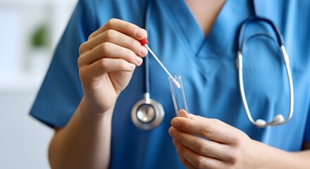 Medical professional preparing a sample for testing with swab and vial, healthcare concept, close-up shot