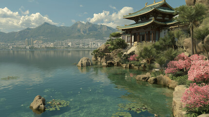 Scenic lakeside view with traditional architecture and mountains