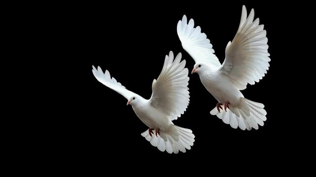 Graceful white doves soaring against a black backdrop, perfect for adding a touch of elegance and freedom to your project