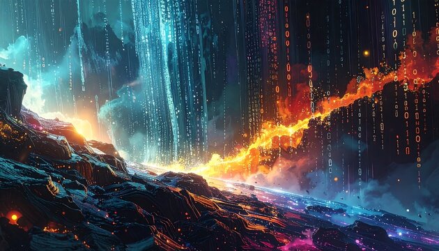 Futuristic landscape with vibrant colors and digital code