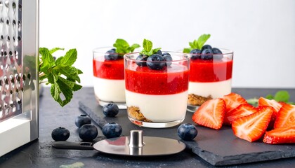 Delicious and Refreshing Three Layer Dessert with Strawberry and Blueberry Decoration