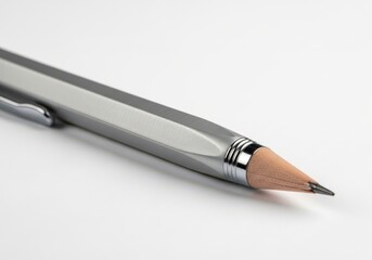 A closeup shot of a sleek, silver mechanical pencil isolated on white background, showcasing its design and precision for writing and drawing tasks
