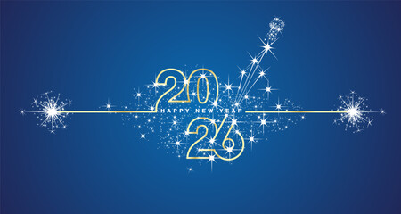 Happy New Year 2026 eve line design loading sparkle firework open champagne golden white blue vector wallpaper greeting card