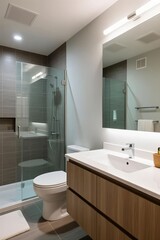 Modern bathroom interior with minimalist design. Ideal for architecture, real estate, and lifestyle concepts