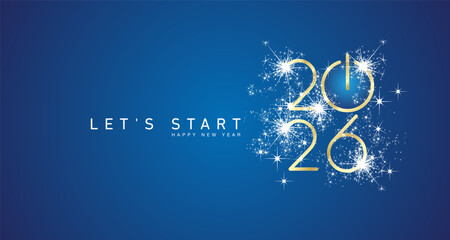 Start of Happy New Year 2026 golden white shining glitter stars rounded typography blue background banner with turn on button icon