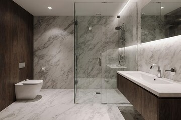 Modern bathroom interior with minimalist design. Ideal for architecture, real estate, and lifestyle concepts
