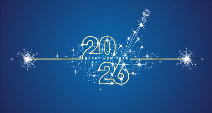 Happy New Year 2026 eve line design loading sparkle firework open champagne golden white blue vector wallpaper greeting card - Powered by Adobe