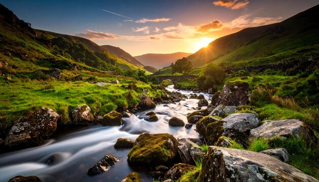 Scenic mountain stream at sunset
