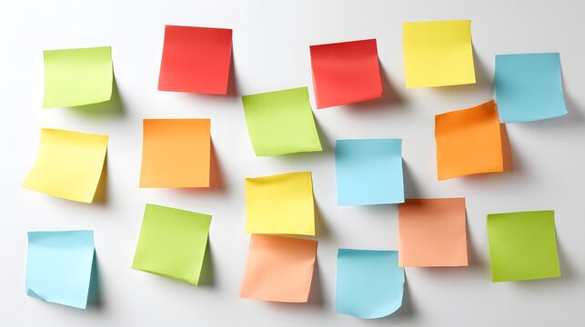 A collection of colorful sticky notes arranged on a white surface background