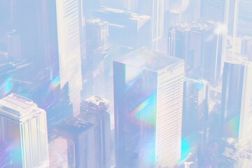 futuristic city skyline in soft holographic light with pastel reflections and dreamy haze minimal composition airy copyspace concept of technology real estate finance