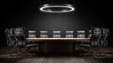 Modern conference room with circular table and black chairs