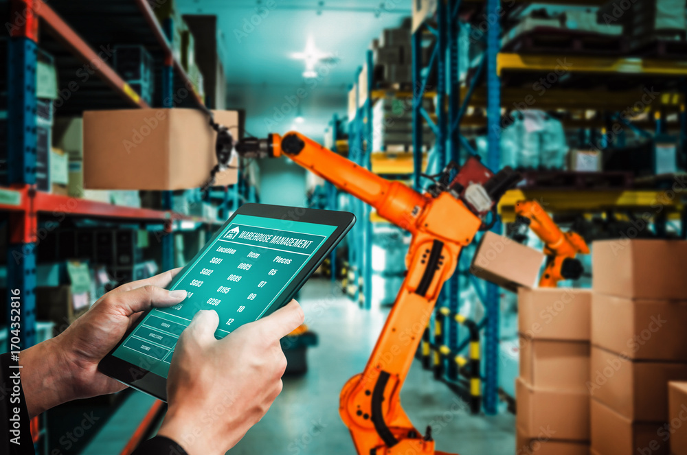 Poster smart robot arm systems for innovative warehouse and factory digital technology . automation manufac