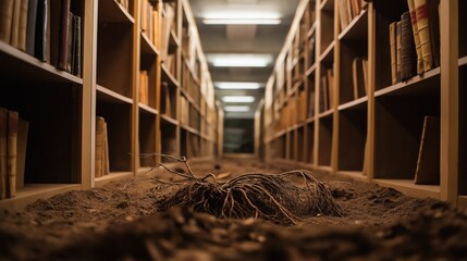 exposed roots spreading across library aisle between old books deep mysterious atmosphere symbol for knowledge and memory concept of education literature history