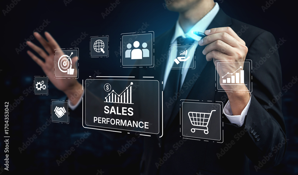 Poster digital sales performance dashboard showing sales performance metrics, performance trends, sales per