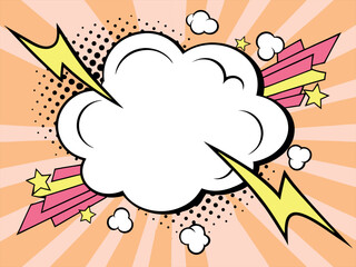 A pop art comic book explosion vector illustration of a speech bubble cloud design with a colorful burst