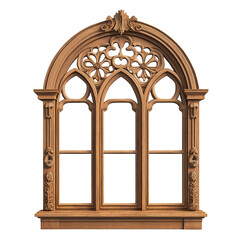Detailed Wooden Window Frame with Three Panes Isolated on Transparent Background, Classic Wooden Window Architecture Element, Decorative Three-Pane Wooden Window Isolated