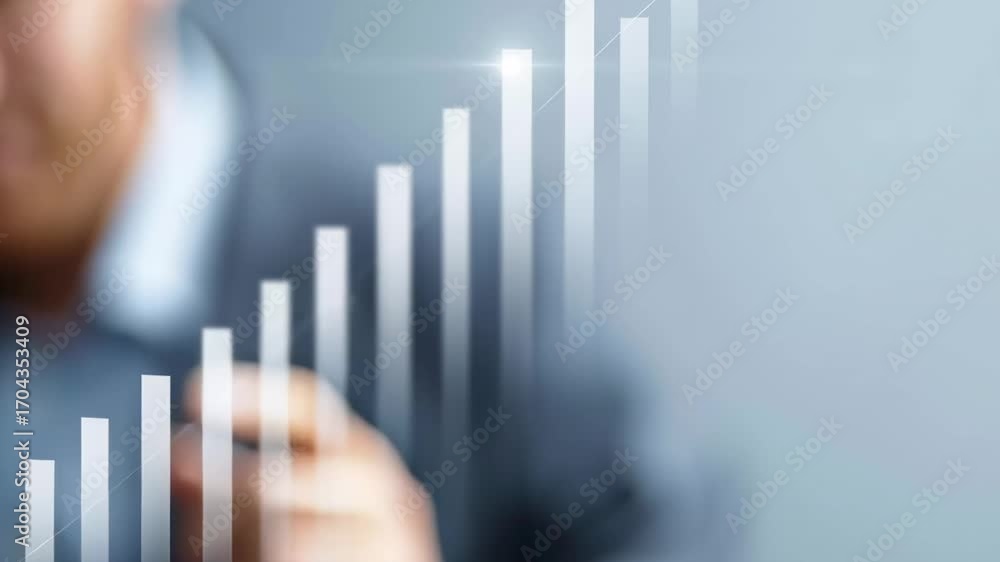 Poster a man is pointing at a graph with a white line on it. the graph shows a steady increase in numbers