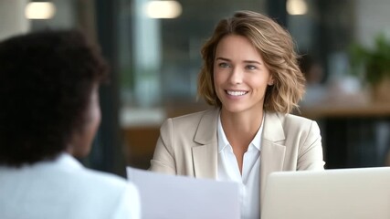 Wide banner of elegant Latin businesswoman sitting with laptop near futuristic office, career success, entrepreneurship, online work, digital economy AI - Powered by Adobe