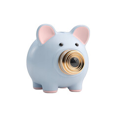 Light-blue piggy bank with a gold camera lens in its mouth.  Cute, 3D render, isolated