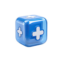 A translucent, light-blue cube with three white plus signs