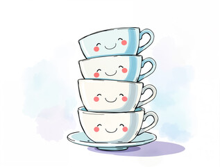 Cute Stack of Smiling Teacups with Watercolor Splashes
